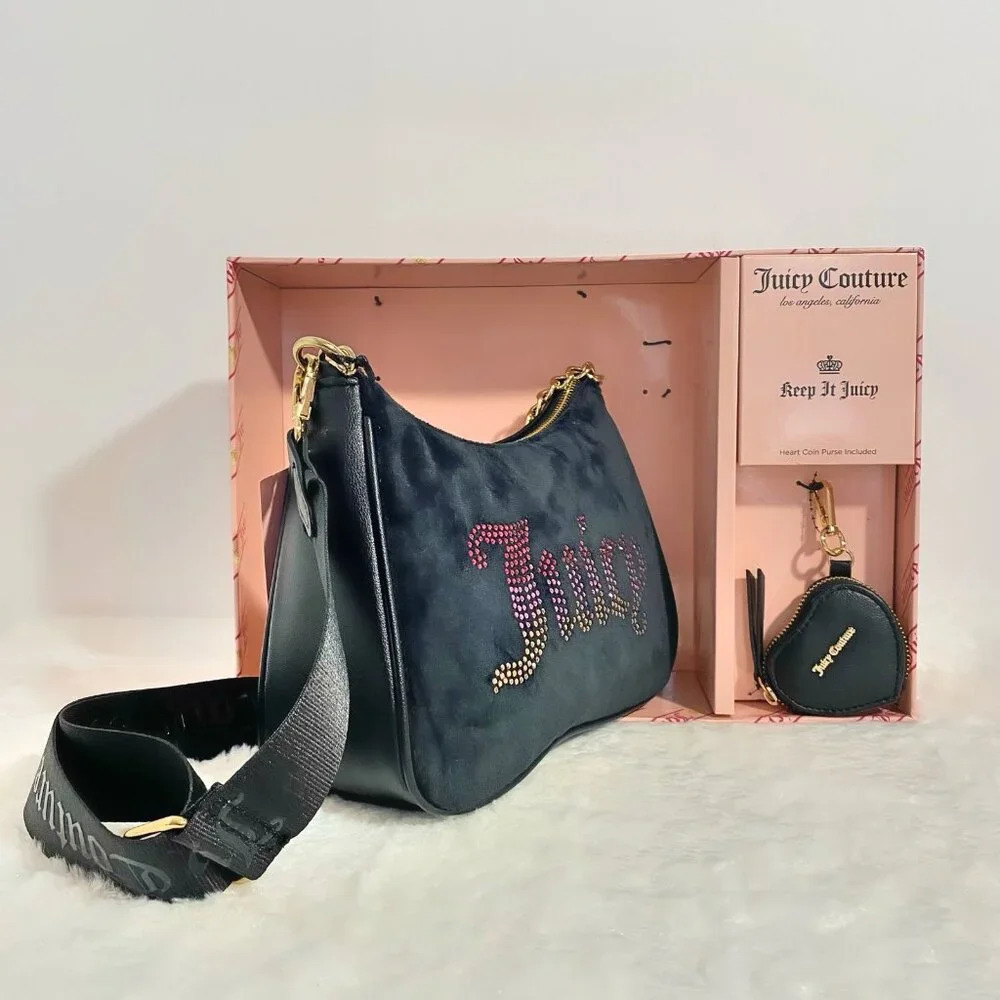 Juicy Couture Black Licorice Pink Rhinestone Handbag Bag & Heart Coin Purse Set - Picture 6 of 11